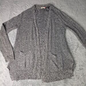 SO Womens Large Cardigan Black White Marled Open Front Pocket Knit Sweater